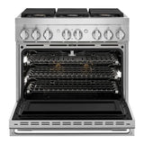 JennAir NOIR 36 inch Smart Dual-Fuel Professional Range with 6 Burners, 5.1 cu. ft. Oven Capacity, Remote Access, Dual-Stacked PowerBurners, Glide Racks, and Sabbath Mode in Stainless Steel, JDRP436HM