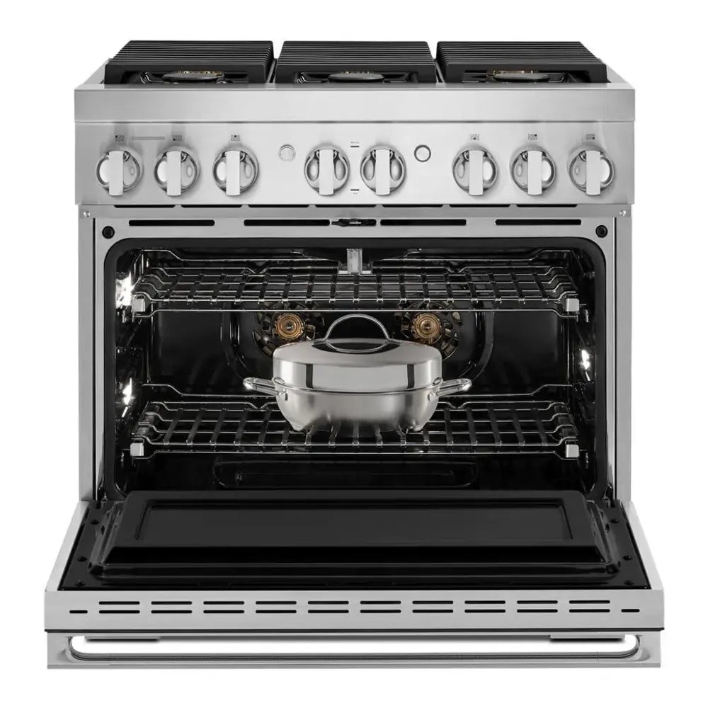 JennAir NOIR 36 inch Smart Dual-Fuel Professional Range with 6 Burners, 5.1 cu. ft. Oven Capacity, Remote Access, Dual-Stacked PowerBurners, Glide Racks, and Sabbath Mode in Stainless Steel, JDRP436HM