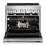 JennAir NOIR 36 inch Smart Dual-Fuel Professional Range with 6 Burners, 5.1 cu. ft. Oven Capacity, Remote Access, Dual-Stacked PowerBurners, Glide Racks, and Sabbath Mode in Stainless Steel, JDRP436HM