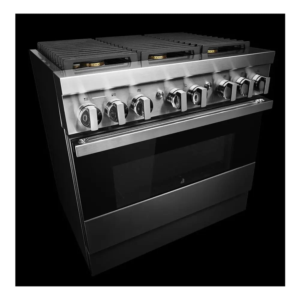 JennAir NOIR 36 inch Smart Dual-Fuel Professional Range with 6 Burners, 5.1 cu. ft. Oven Capacity, Remote Access, Dual-Stacked PowerBurners, Glide Racks, and Sabbath Mode in Stainless Steel, JDRP436HM