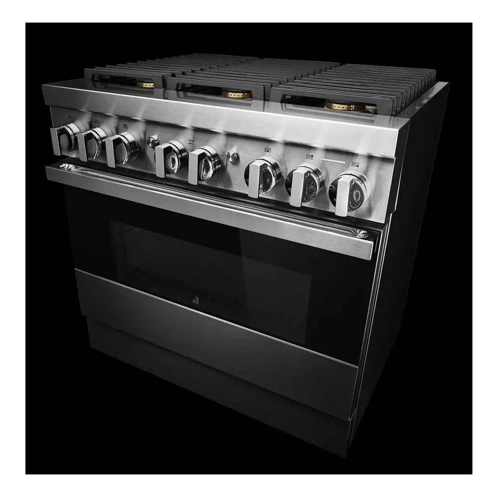 JennAir NOIR 36 inch Smart Dual-Fuel Professional Range with 6 Burners, 5.1 cu. ft. Oven Capacity, Remote Access, Dual-Stacked PowerBurners, Glide Racks, and Sabbath Mode in Stainless Steel, JDRP436HM