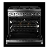 JennAir NOIR 36 inch Smart Dual-Fuel Professional Range with 6 Burners, 5.1 cu. ft. Oven Capacity, Remote Access, Dual-Stacked PowerBurners, Glide Racks, and Sabbath Mode in Stainless Steel, JDRP436HM