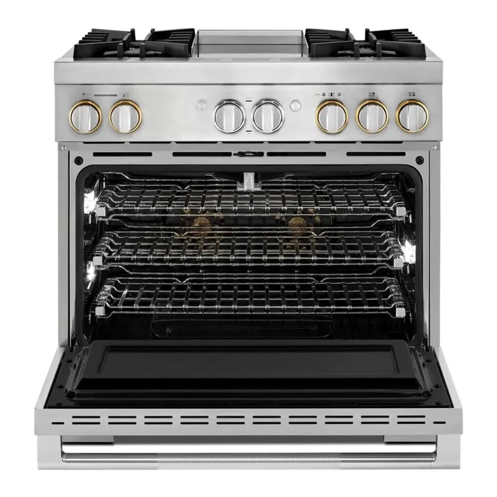 JennAir RISE 36 inch Dual Fuel Professional Range with 5.1 cu. ft. Oven Capacity, 4 Burners and Griddle, Remote Access, Cinematic Oven Lights, in Stainless Steel, JDRP536HL