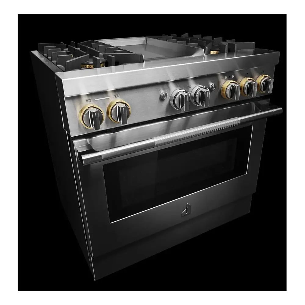 JennAir RISE 36 inch Dual Fuel Professional Range with 5.1 cu. ft. Oven Capacity, 4 Burners and Griddle, Remote Access, Cinematic Oven Lights, in Stainless Steel, JDRP536HL