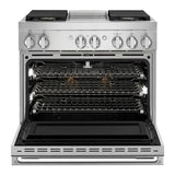 JennAir NOIR 36 inch Dual Fuel Professional Range with 5.1 cu. ft. Oven Capacity, 4 Burners and Griddle, Remote Access, Cinematic Oven Lights, in Stainless Steel, JDRP536HM