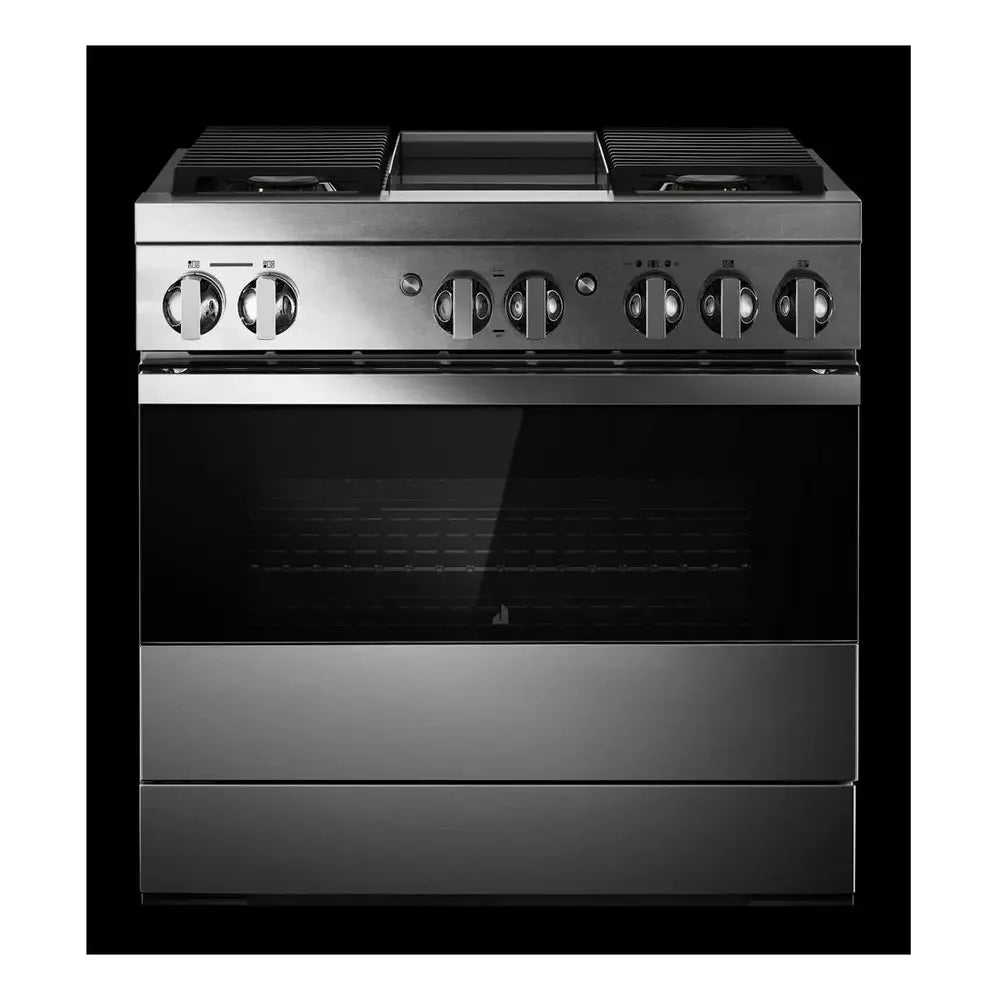 JennAir NOIR 36 inch Dual Fuel Professional Range with 5.1 cu. ft. Oven Capacity, 4 Burners and Griddle, Remote Access, Cinematic Oven Lights, in Stainless Steel, JDRP536HM
