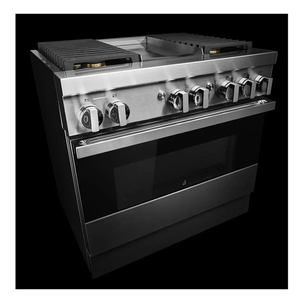 JennAir NOIR 36 inch Dual Fuel Professional Range with 5.1 cu. ft. Oven Capacity, 4 Burners and Griddle, Remote Access, Cinematic Oven Lights, in Stainless Steel, JDRP536HM