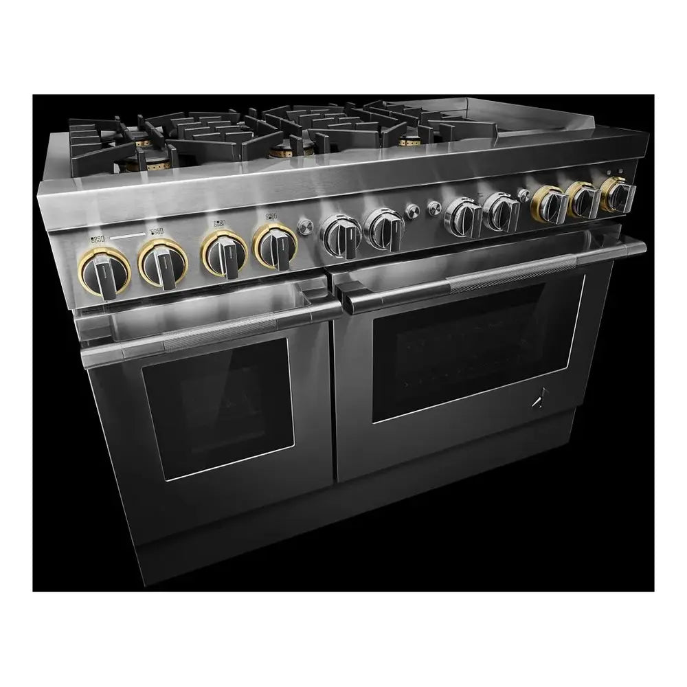 JennAir RISE 48 inch Professional Dual Fuel Range with 6.3 cu. ft. Total Oven Capacity, 6 Burners, Griddle, Dual-Stacked PowerBurners, in Stainless Steel, JDRP548HL