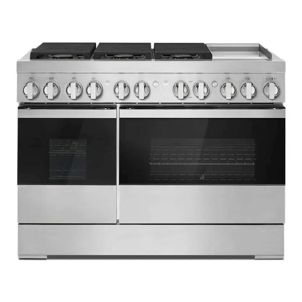 JennAir NOIR 48 inch Professional Dual Fuel Range with 6.3 cu. ft. Total Oven Capacity, 6 Burners, Griddle, Dual-Stacked PowerBurners, in Stainless Steel, JDRP548HM