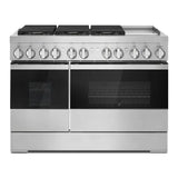 JennAir NOIR 48 inch Professional Dual Fuel Range with 6.3 cu. ft. Total Oven Capacity, 6 Burners, Griddle, Dual-Stacked PowerBurners, in Stainless Steel, JDRP548HM