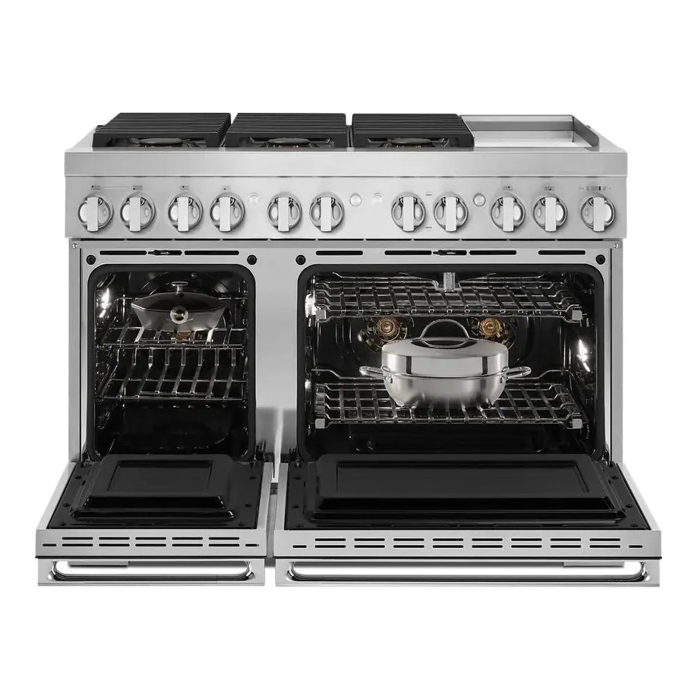 JennAir NOIR 48 inch Professional Dual Fuel Range with 6.3 cu. ft. Total Oven Capacity, 6 Burners, Griddle, Dual-Stacked PowerBurners, in Stainless Steel, JDRP548HM