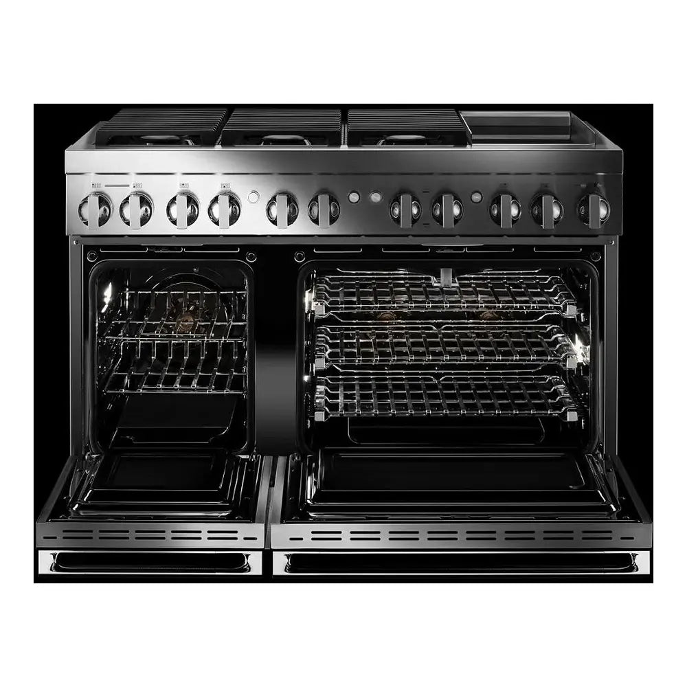 JennAir NOIR 48 inch Professional Dual Fuel Range with 6.3 cu. ft. Total Oven Capacity, 6 Burners, Griddle, Dual-Stacked PowerBurners, in Stainless Steel, JDRP548HM