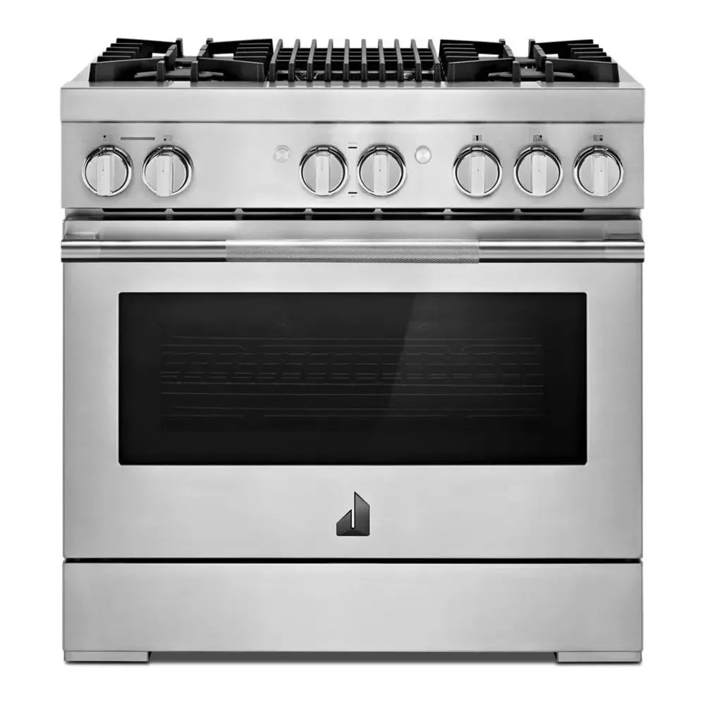 JennAir RISE 36 inch Dual Fuel Professional Range with 5.1 cu. ft. Oven Capacity, 4 Burners, Grill, Remote Access, Glide Racks, Cast Iron Grates, Cinematic Oven Lighting, and Sabbath Mode in Stainless Steel, JDRP636HL