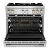 JennAir RISE 36 inch Dual Fuel Professional Range with 5.1 cu. ft. Oven Capacity, 4 Burners, Grill, Remote Access, Glide Racks, Cast Iron Grates, Cinematic Oven Lighting, and Sabbath Mode in Stainless Steel, JDRP636HL