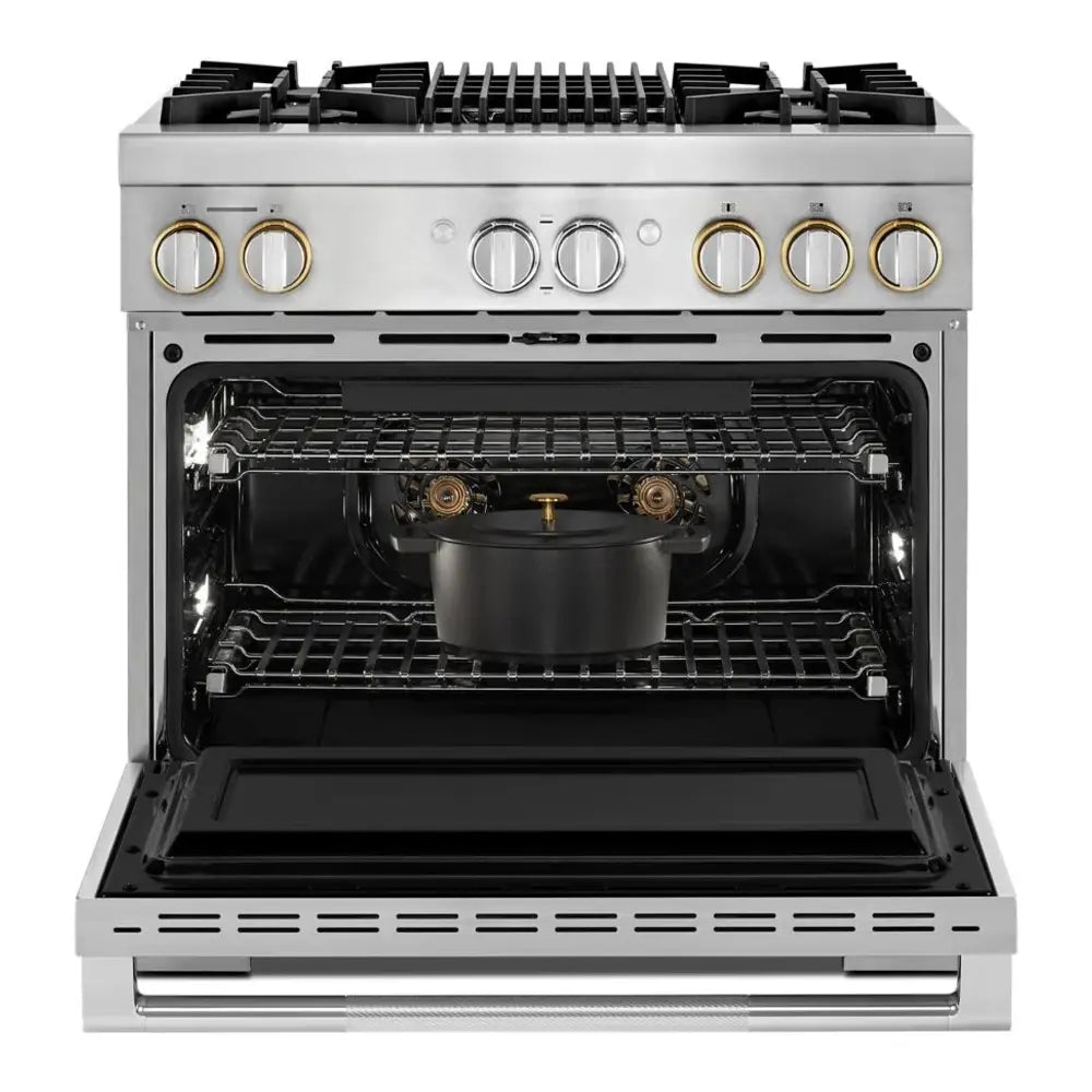 JennAir RISE 36 inch Dual Fuel Professional Range with 5.1 cu. ft. Oven Capacity, 4 Burners, Grill, Remote Access, Glide Racks, Cast Iron Grates, Cinematic Oven Lighting, and Sabbath Mode in Stainless Steel, JDRP636HL