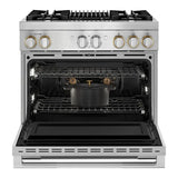 JennAir RISE 36 inch Dual Fuel Professional Range with 5.1 cu. ft. Oven Capacity, 4 Burners, Grill, Remote Access, Glide Racks, Cast Iron Grates, Cinematic Oven Lighting, and Sabbath Mode in Stainless Steel, JDRP636HL