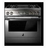 JennAir RISE 36 inch Dual Fuel Professional Range with 5.1 cu. ft. Oven Capacity, 4 Burners, Grill, Remote Access, Glide Racks, Cast Iron Grates, Cinematic Oven Lighting, and Sabbath Mode in Stainless Steel, JDRP636HL