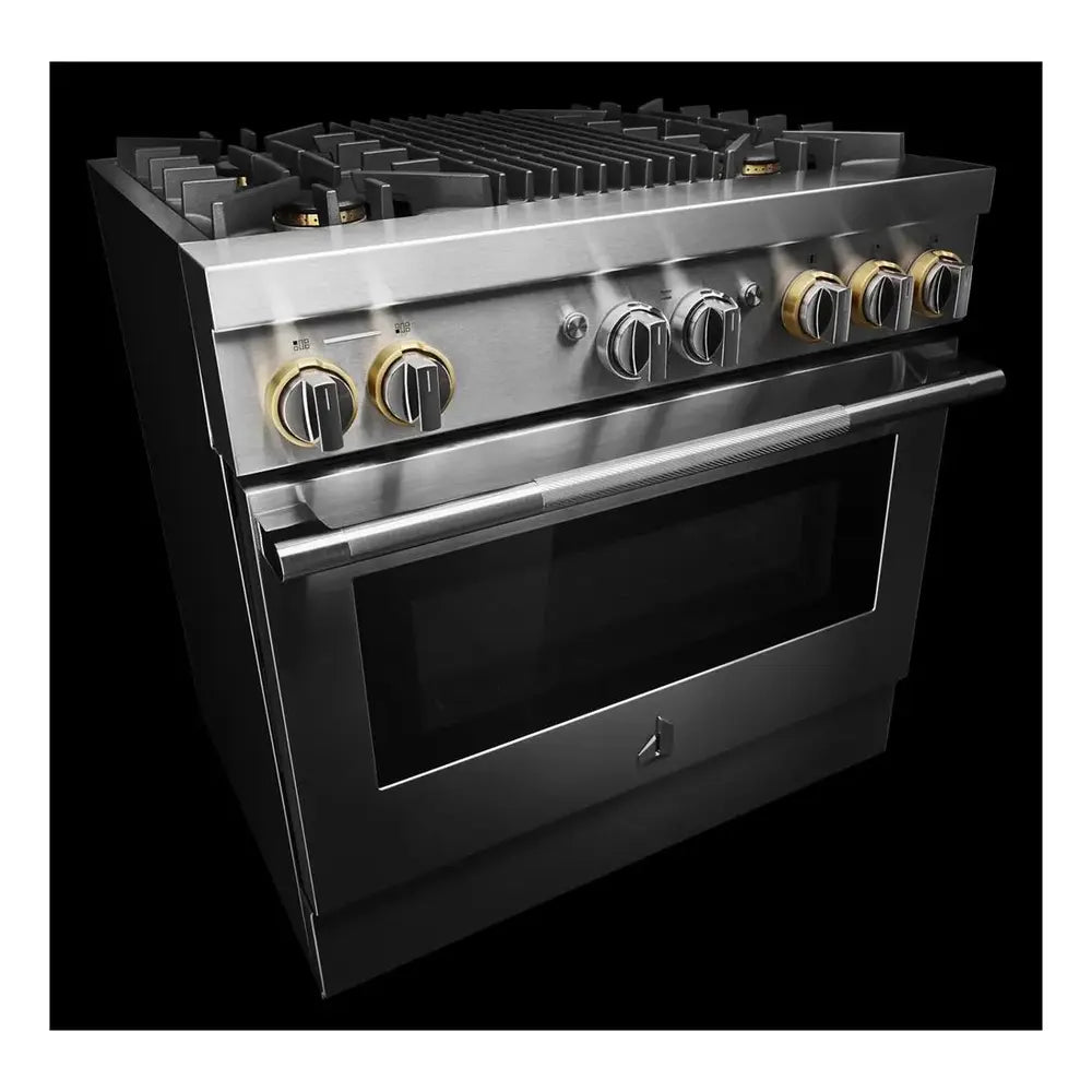 JennAir RISE 36 inch Dual Fuel Professional Range with 5.1 cu. ft. Oven Capacity, 4 Burners, Grill, Remote Access, Glide Racks, Cast Iron Grates, Cinematic Oven Lighting, and Sabbath Mode in Stainless Steel, JDRP636HL