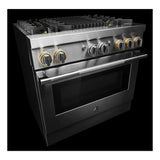 JennAir RISE 36 inch Dual Fuel Professional Range with 5.1 cu. ft. Oven Capacity, 4 Burners, Grill, Remote Access, Glide Racks, Cast Iron Grates, Cinematic Oven Lighting, and Sabbath Mode in Stainless Steel, JDRP636HL