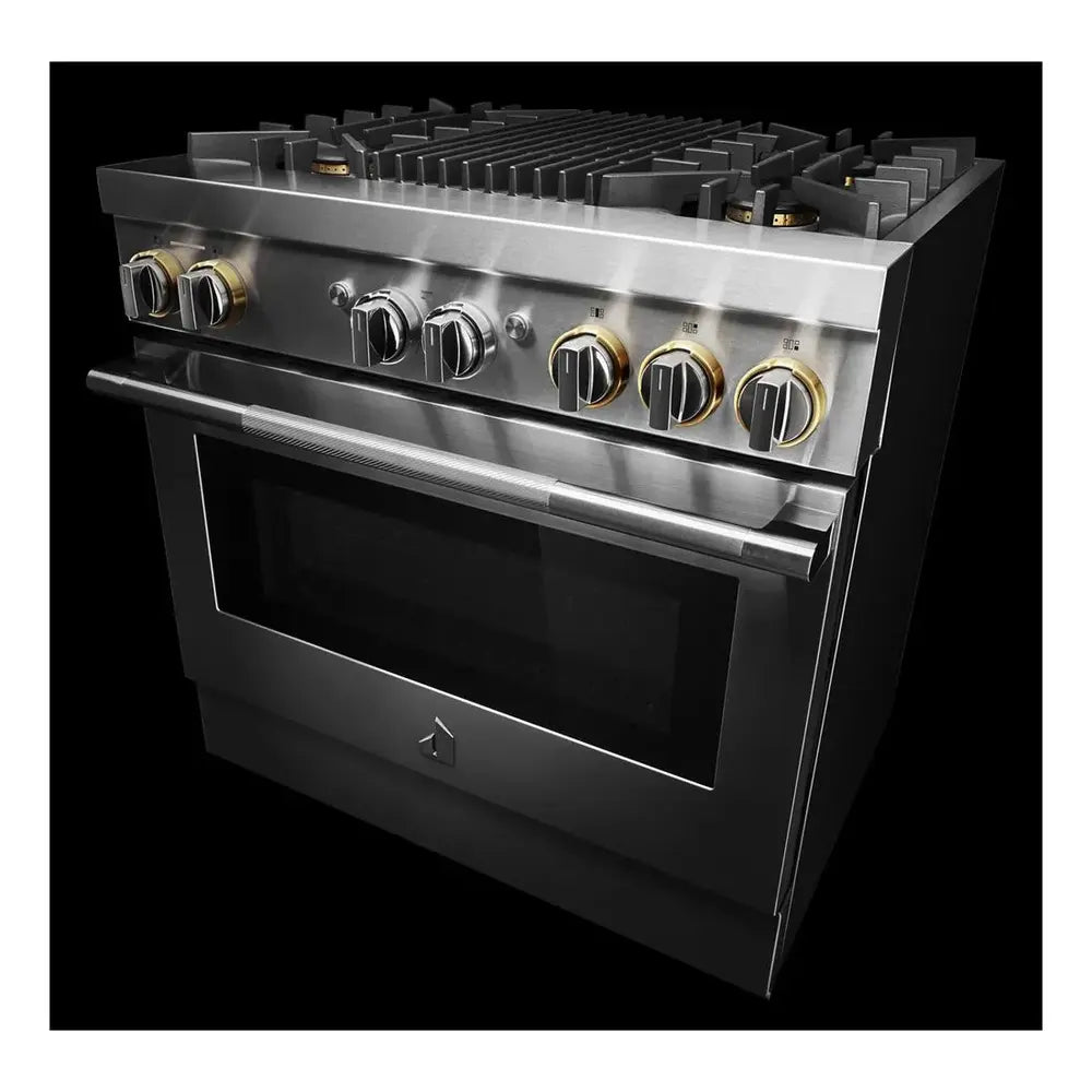 JennAir RISE 36 inch Dual Fuel Professional Range with 5.1 cu. ft. Oven Capacity, 4 Burners, Grill, Remote Access, Glide Racks, Cast Iron Grates, Cinematic Oven Lighting, and Sabbath Mode in Stainless Steel, JDRP636HL