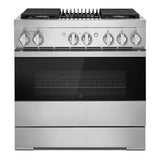 JennAir NOIR 36 inch Dual Fuel Professional Range with 5.1 cu. ft. Oven Capacity, 4 Burners, Grill, Remote Access, Glide Racks, Cast Iron Grates, Cinematic Oven Lighting, and Sabbath Mode in Stainless Steel, JDRP636HM