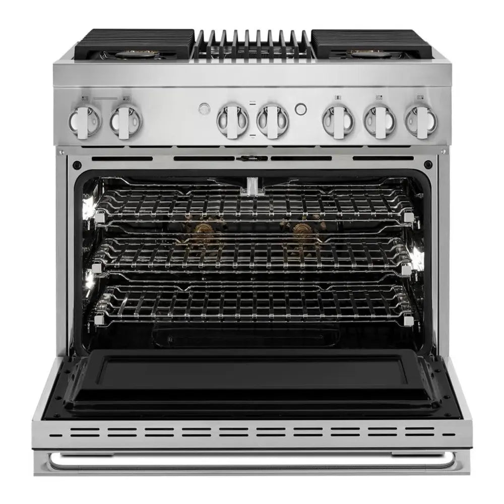 JennAir NOIR 36 inch Dual Fuel Professional Range with 5.1 cu. ft. Oven Capacity, 4 Burners, Grill, Remote Access, Glide Racks, Cast Iron Grates, Cinematic Oven Lighting, and Sabbath Mode in Stainless Steel, JDRP636HM