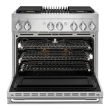 JennAir NOIR 36 inch Dual Fuel Professional Range with 5.1 cu. ft. Oven Capacity, 4 Burners, Grill, Remote Access, Glide Racks, Cast Iron Grates, Cinematic Oven Lighting, and Sabbath Mode in Stainless Steel, JDRP636HM