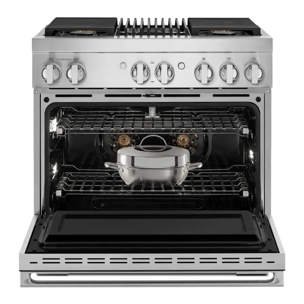JennAir NOIR 36 inch Dual Fuel Professional Range with 5.1 cu. ft. Oven Capacity, 4 Burners, Grill, Remote Access, Glide Racks, Cast Iron Grates, Cinematic Oven Lighting, and Sabbath Mode in Stainless Steel, JDRP636HM