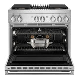 JennAir NOIR 36 inch Dual Fuel Professional Range with 5.1 cu. ft. Oven Capacity, 4 Burners, Grill, Remote Access, Glide Racks, Cast Iron Grates, Cinematic Oven Lighting, and Sabbath Mode in Stainless Steel, JDRP636HM