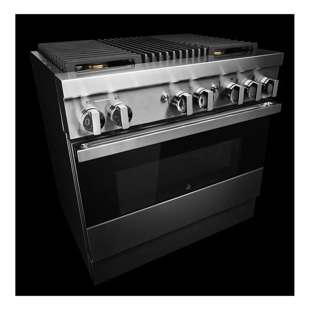 JennAir NOIR 36 inch Dual Fuel Professional Range with 5.1 cu. ft. Oven Capacity, 4 Burners, Grill, Remote Access, Glide Racks, Cast Iron Grates, Cinematic Oven Lighting, and Sabbath Mode in Stainless Steel, JDRP636HM