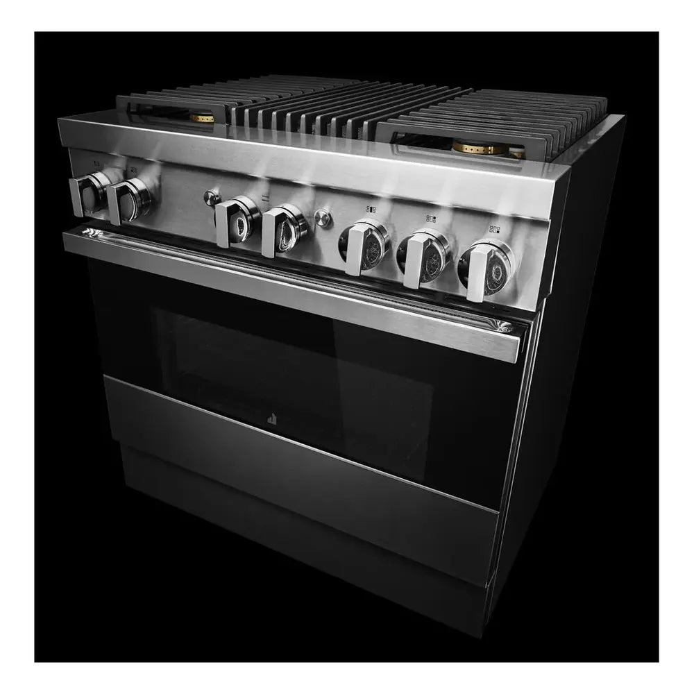 JennAir NOIR 36 inch Dual Fuel Professional Range with 5.1 cu. ft. Oven Capacity, 4 Burners, Grill, Remote Access, Glide Racks, Cast Iron Grates, Cinematic Oven Lighting, and Sabbath Mode in Stainless Steel, JDRP636HM