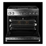 JennAir NOIR 36 inch Dual Fuel Professional Range with 5.1 cu. ft. Oven Capacity, 4 Burners, Grill, Remote Access, Glide Racks, Cast Iron Grates, Cinematic Oven Lighting, and Sabbath Mode in Stainless Steel, JDRP636HM