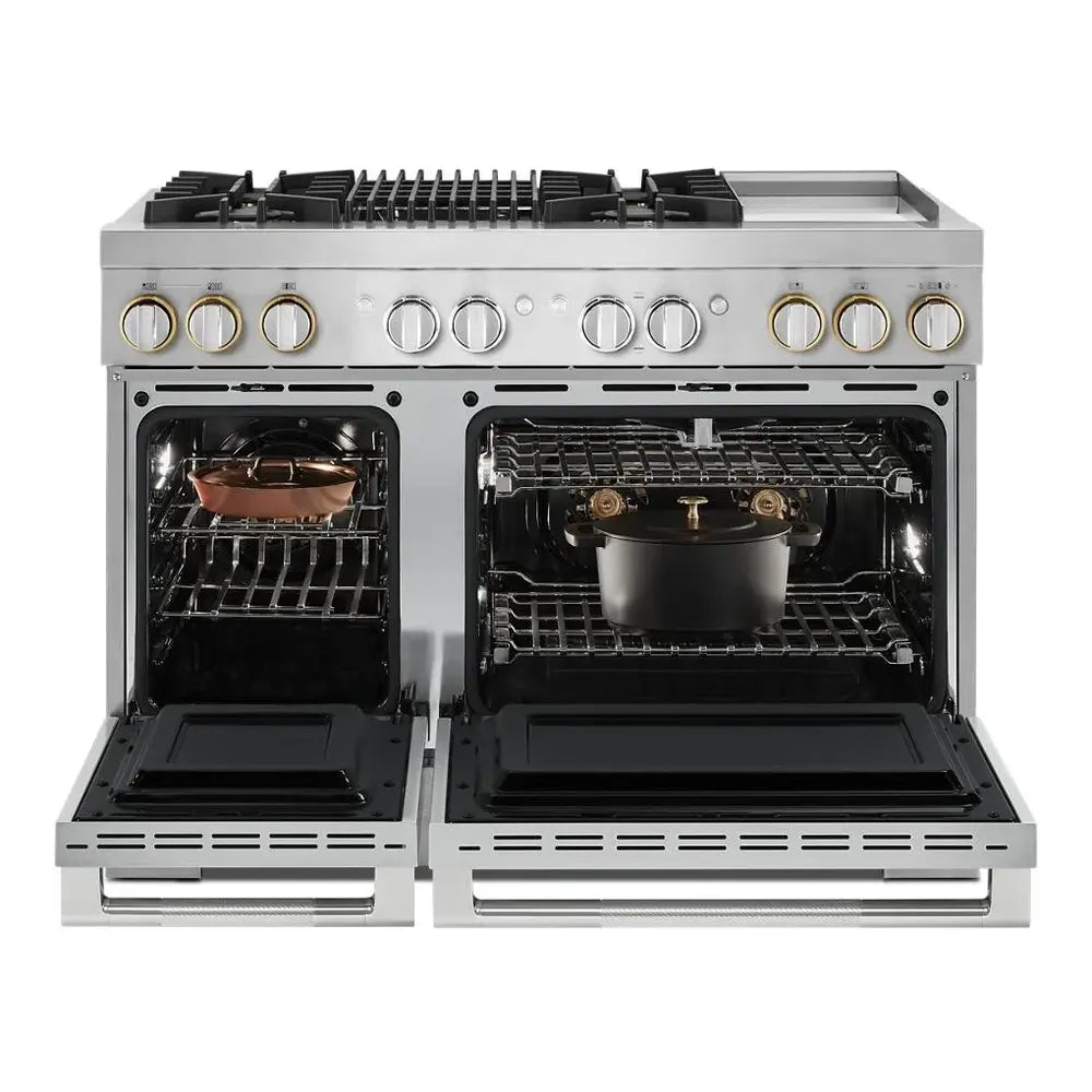 JennAir RISE 48 inch Dual Fuel Professional Range with 4 Sealed Burners, Griddle, Grill, 6.3 cu. ft. Total Oven Capacity, Dual-Fan True Convection, in Stainless Steel, JDRP748HL