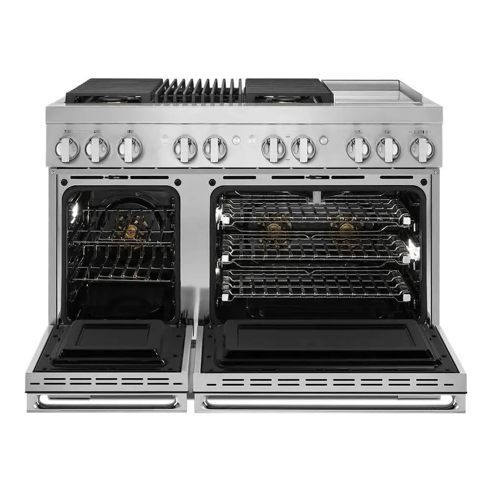 JennAir NOIR 48 inch Dual Fuel Professional Range with 4 Sealed Burners, Griddle, Grill, 6.3 cu. ft. Total Oven Capacity, Dual-Fan True Convection, in Stainless Steel, JDRP748HM