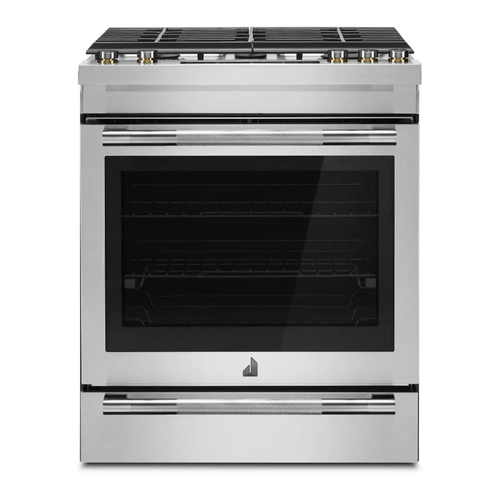 JennAir RISE 30 inch Dual Fuel Slide-In Range with 5 Burners, 6.8 cu. ft. Oven Capacity with True Convection, Baking Drawer, Air Fry, AquaLift Self-Cleaning Technology, in Stainless Steel, JDS1450ML