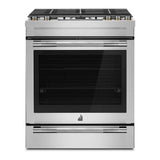 JennAir RISE 30 inch Dual Fuel Slide-In Range with 5 Burners, 6.8 cu. ft. Oven Capacity with True Convection, Baking Drawer, Air Fry, AquaLift Self-Cleaning Technology, in Stainless Steel, JDS1450ML