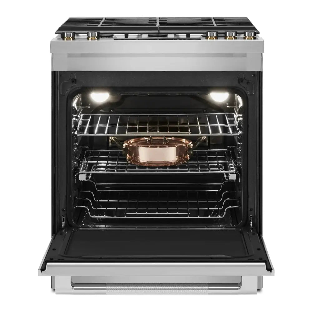 JennAir RISE 30 inch Dual Fuel Slide-In Range with 5 Burners, 6.8 cu. ft. Oven Capacity with True Convection, Baking Drawer, Air Fry, AquaLift Self-Cleaning Technology, in Stainless Steel, JDS1450ML