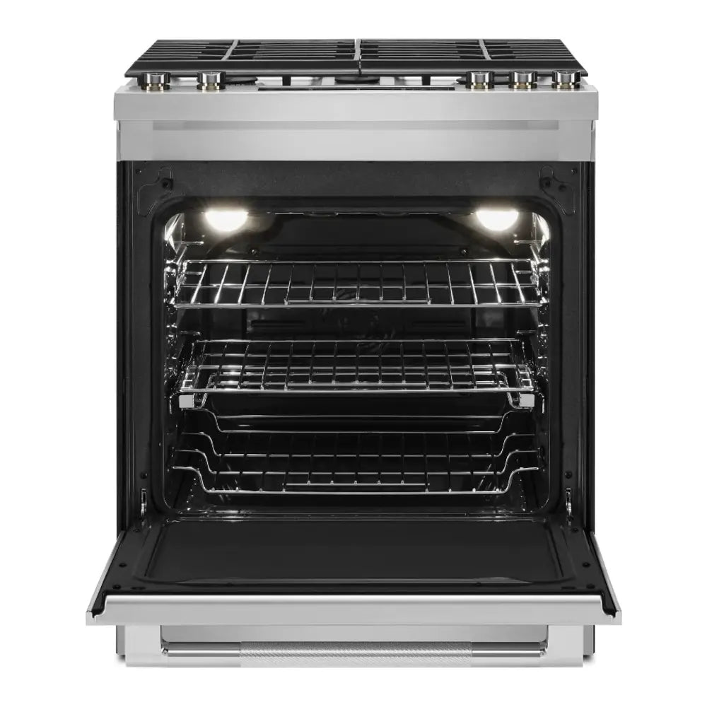 JennAir RISE 30 inch Dual Fuel Slide-In Range with 5 Burners, 6.8 cu. ft. Oven Capacity with True Convection, Baking Drawer, Air Fry, AquaLift Self-Cleaning Technology, in Stainless Steel, JDS1450ML