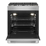 JennAir RISE 30 inch Dual Fuel Slide-In Range with 5 Burners, 6.8 cu. ft. Oven Capacity with True Convection, Baking Drawer, Air Fry, AquaLift Self-Cleaning Technology, in Stainless Steel, JDS1450ML