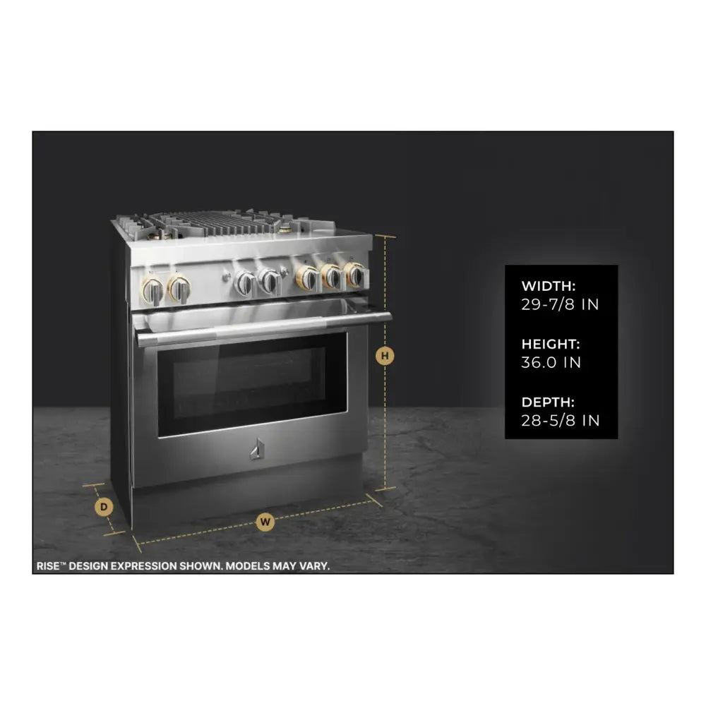 JennAir RISE 30 inch Dual Fuel Slide-In Range with 5 Burners, 6.8 cu. ft. Oven Capacity with True Convection, Baking Drawer, Air Fry, AquaLift Self-Cleaning Technology, in Stainless Steel, JDS1450ML