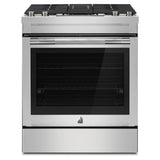 JennAir RISE 30 inch Dual Fuel Slide-In Range with Downdraft Ventilation, 4 Burners, 6.2 cu. ft. Oven Capacity with True Convection, Air Fry, AquaLift Self-Cleaning Technology, in Stainless Steel, JDS1750ML