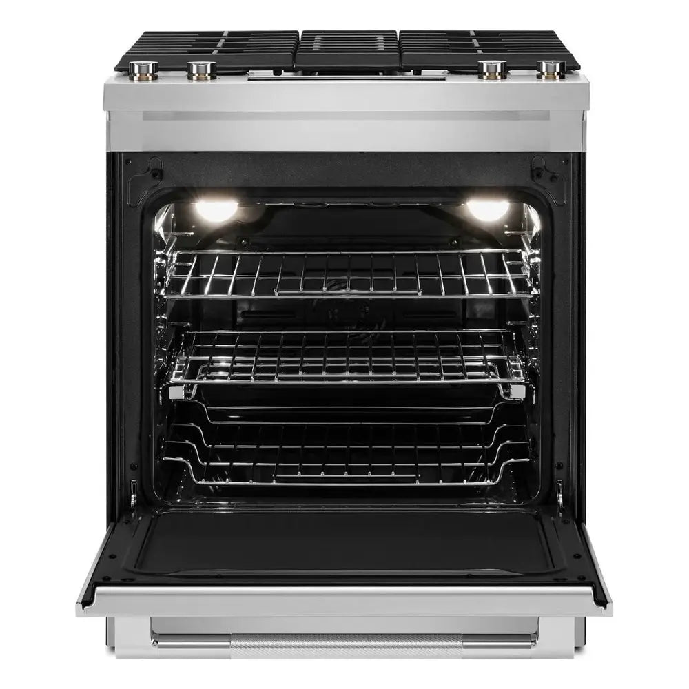 JennAir RISE 30 inch Dual Fuel Slide-In Range with Downdraft Ventilation, 4 Burners, 6.2 cu. ft. Oven Capacity with True Convection, Air Fry, AquaLift Self-Cleaning Technology, in Stainless Steel, JDS1750ML