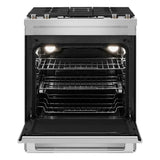 JennAir RISE 30 inch Dual Fuel Slide-In Range with Downdraft Ventilation, 4 Burners, 6.2 cu. ft. Oven Capacity with True Convection, Air Fry, AquaLift Self-Cleaning Technology, in Stainless Steel, JDS1750ML