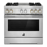 JennAir RISE 36 inch Dual-Fuel Professional Range with 5.1 cu. ft. Oven Capacity, 4 Burners and Griddle, Remote Access, Cinematic Oven Lights, and Sabbath Mode in Stainless Steel, JDSP536HL