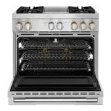JennAir RISE 36 inch Dual-Fuel Professional Range with 5.1 cu. ft. Oven Capacity, 4 Burners and Griddle, Remote Access, Cinematic Oven Lights, and Sabbath Mode in Stainless Steel, JDSP536HL