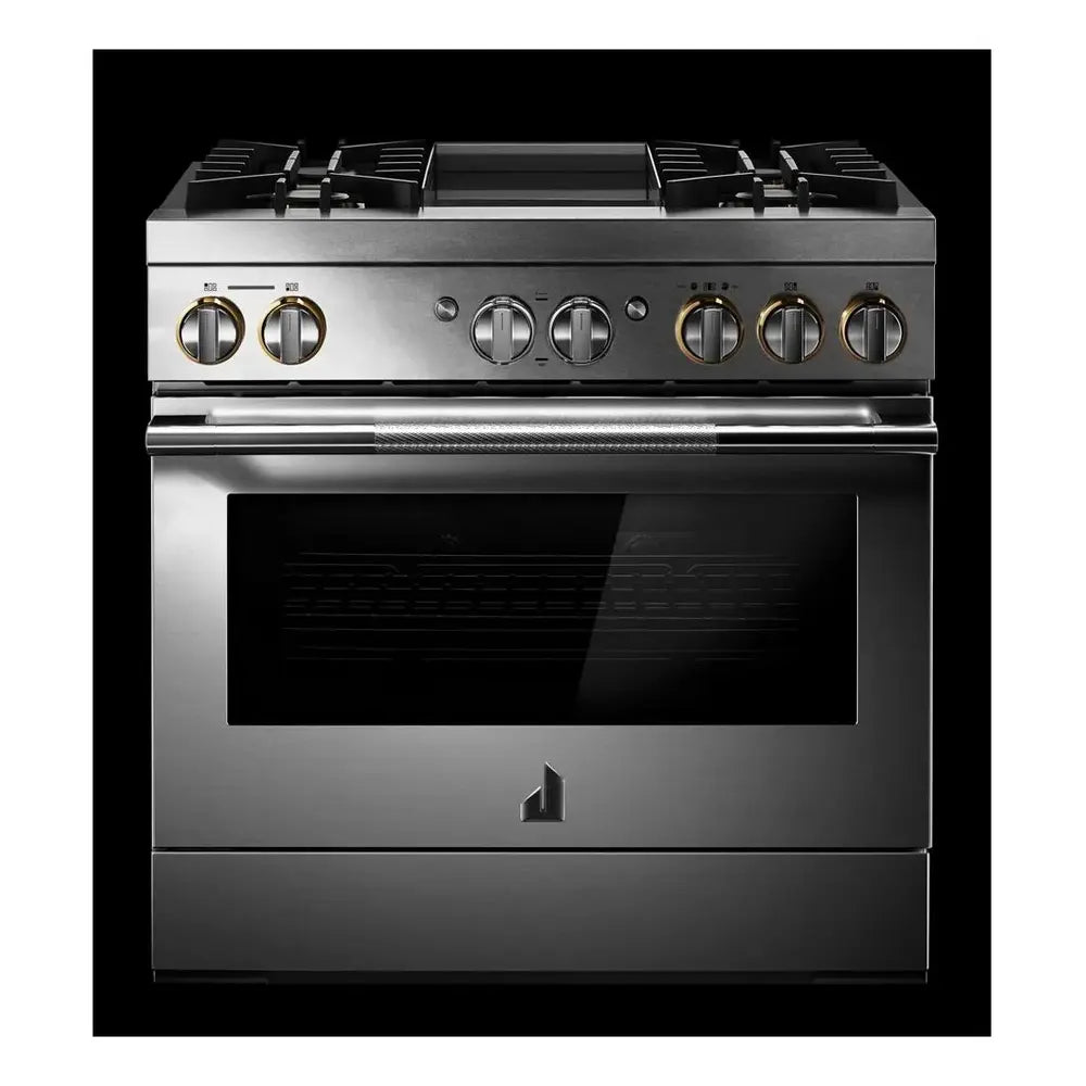 JennAir RISE 36 inch Dual-Fuel Professional Range with 5.1 cu. ft. Oven Capacity, 4 Burners and Griddle, Remote Access, Cinematic Oven Lights, and Sabbath Mode in Stainless Steel, JDSP536HL