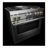 JennAir RISE 36 inch Dual-Fuel Professional Range with 5.1 cu. ft. Oven Capacity, 4 Burners and Griddle, Remote Access, Cinematic Oven Lights, and Sabbath Mode in Stainless Steel, JDSP536HL