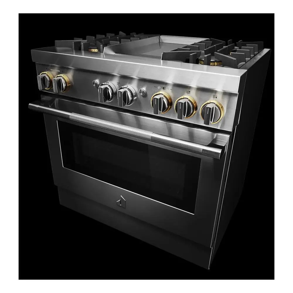 JennAir RISE 36 inch Dual-Fuel Professional Range with 5.1 cu. ft. Oven Capacity, 4 Burners and Griddle, Remote Access, Cinematic Oven Lights, and Sabbath Mode in Stainless Steel, JDSP536HL
