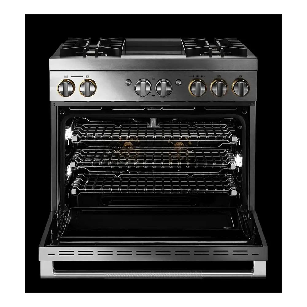 JennAir RISE 36 inch Dual-Fuel Professional Range with 5.1 cu. ft. Oven Capacity, 4 Burners and Griddle, Remote Access, Cinematic Oven Lights, and Sabbath Mode in Stainless Steel, JDSP536HL