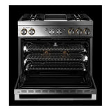 JennAir RISE 36 inch Dual-Fuel Professional Range with 5.1 cu. ft. Oven Capacity, 4 Burners and Griddle, Remote Access, Cinematic Oven Lights, and Sabbath Mode in Stainless Steel, JDSP536HL